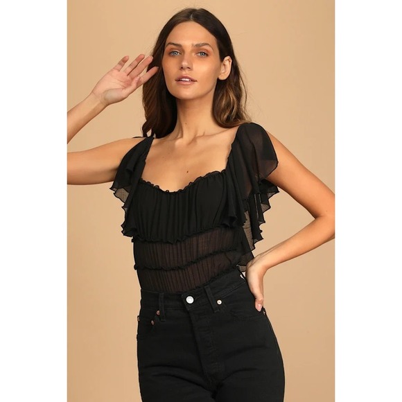 Free People Tops - Intimately Free People Juliet Ruffle Bodysuit Women Sz M Black Sheer Square Neck
